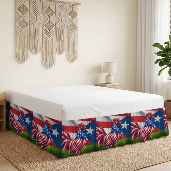 Puerto Rico Flag Bed Skirt California King Size 18 Inch Drop, USA Flag Chicken Grassland Farmhouse Wrap Around Dust Ruffle Bedskirt with Adjustable Elastic Belt for California King Size Beds