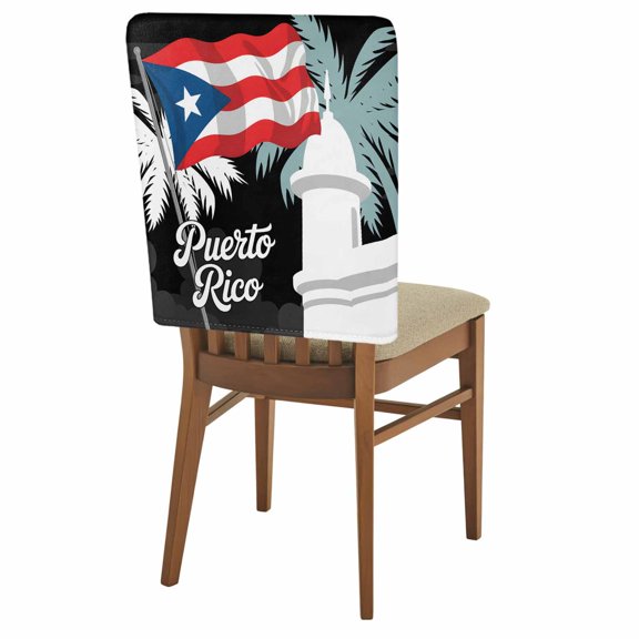 Puerto Rico Flag Chair Back Covers Pack of 1, Modern Art Building Red Blue Flag Palm Trees Removable Dining Seat Cover Washable Kitchen Chair Slipcovers Protective for Party Decoration 19x20in