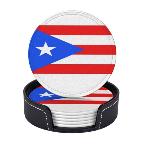 Puerto Rico Flag Coasters With Leather Holder Set Of 6 Round Coasters for Home and Kitchen Decor