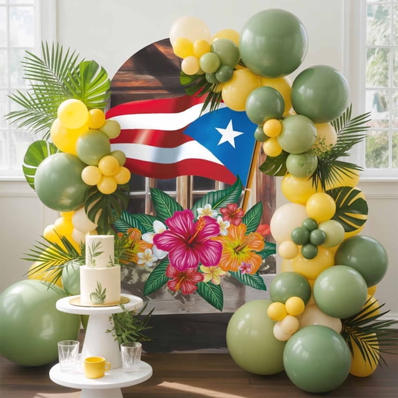 Puerto Rico Flag with Colorful Flowers Arch Backdrop Cover Spandex Fitted Arch Cover 4FT,Arches Backdrop Stand Covers for Wedding Birthday Party Ceremony Banquet Decoration Vintage Farm Barn