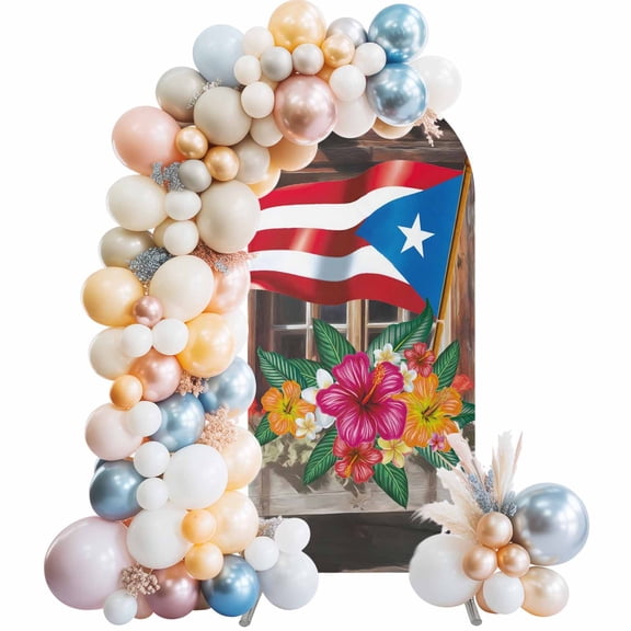 Puerto Rico Flag with Colorful Flowers Arch Backdrop Cover Spandex Fitted Arch Cover 7.2FT,Arches Backdrop Stand Covers for Wedding Birthday Party Ceremony Banquet Decoration Vintage Farm Barn