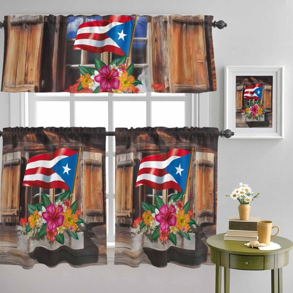 Puerto Rico Flag with Colorful Flowers Curtain Tier and Valance Set 3 Piece, Vintage Farm Barn 3-inch Rod Pocket Window Tier Curtains Valance for Kitchen Living Room