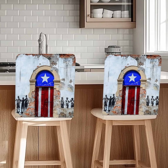 Puerto Rico Flag Country Rustic Shabby Door Wall Graffiti Chair Covers Set of 8 Chair Back Covers Stretch Removable Washable Chairs Slipcovers Chair Protector for Dining Room Kitchen Party Decor