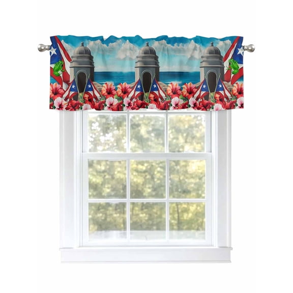 Puerto Rico Flag Curtain Valances for Windows, Frog Althea Flower Window Valances, Window Treatment Rod Pocket Valance Curtains for Living Room/Kitchen/Bedroom/Bathroom, 54x18inch