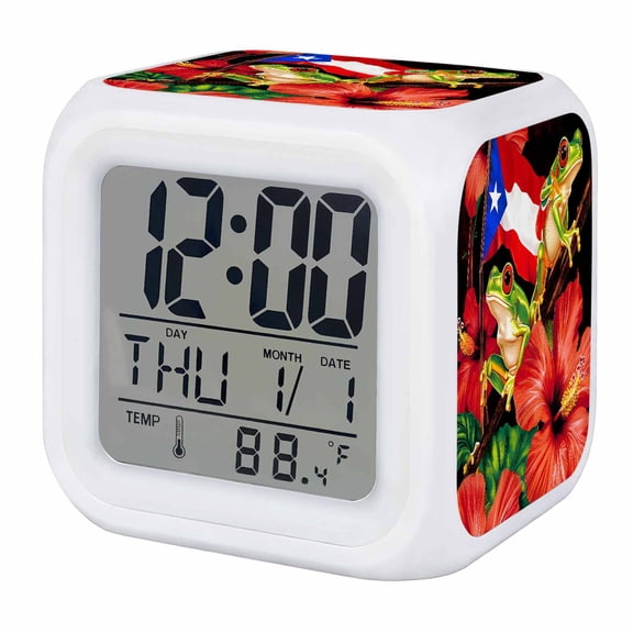 Puerto Rico Flag Digital Alarm Clock for Bedrooms, Smart LED Alarm Clock with 7 Color Changing Night Light, Frog Red Flower Summer Leaf Silent Wake Up Clocks for Sleep Study Cooking 3.2"x3.2"