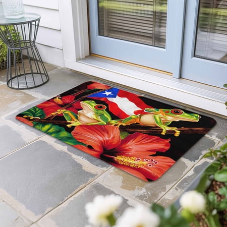 Puerto Rico Flag Door Mat Indoor Outdoor, Frog Red Flower Summer Leaf Non Slip Welcome Mat with Rubber Backing, Absorbent Fabric Front Door Mats Entryway Rug for Home Patio Entrance 24"x36"