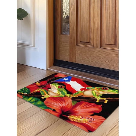 Puerto Rico Flag Door Mat Indoor Outdoor Entrance, Non Slip Small Rug for Kitchen Bathroom Entryway Rug, Frog Red Flower Summer Leaf Washable Doormat Floor Mat for Office Home Decor 16x24 Inch