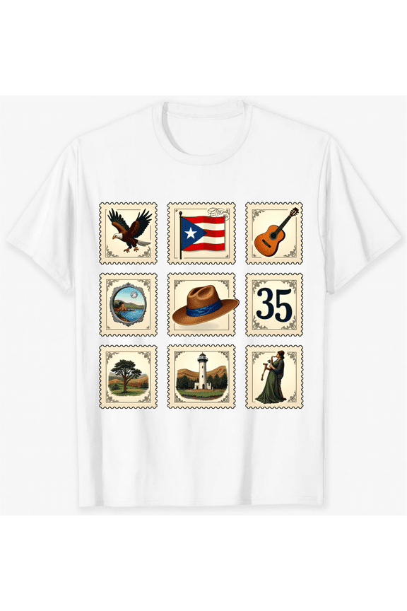 Puerto Rico Flag Eagle Guitar Hat Lighthouse Tree And Woman With Flute Stamps Design Short Sleeve T-Shirt For Women Men Perfect Gift For Travelers And Culture Lovers