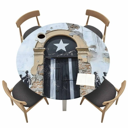 Puerto Rico Flag Fitted Tablecloth with Elastic Edged, Round Table Cloth for Dining Table, Retro Rustic Door Artwork Picture Prints Waterproof Oil Proof Table Cover for Indoor Outdoor 36"-44"