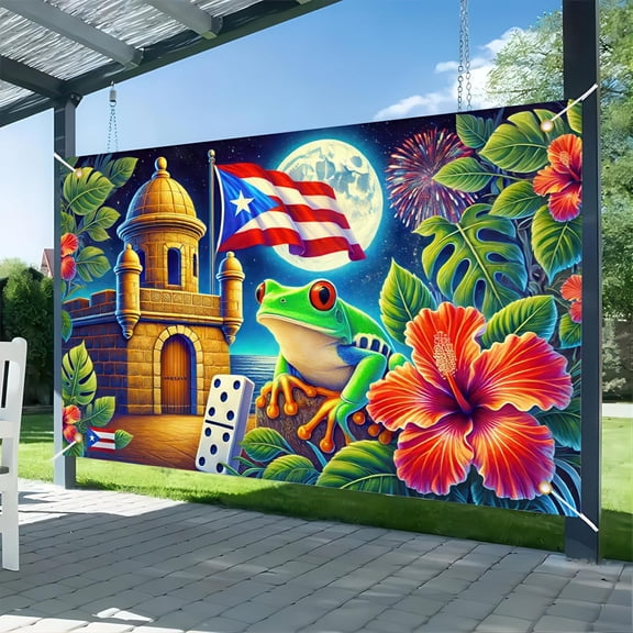 Puerto Rico Flag Frog Backdrop Banner 71x43 Inch Indoor Outdoor Party Decor Puerto Rico Events Festivals Wall Banner Hibiscus and Frog Design for Home and Events