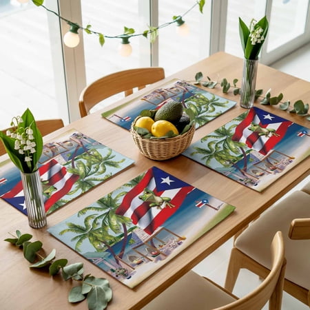Puerto Rico Flag Frog Coconut Trees Placemats Set of 4,Wipeable Washable Table Mats for Dining Tables, Ocean Beach Place Mats for Kitchen Event Party Tabletop Decor
