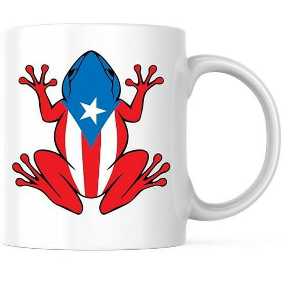 Puerto Rico Flag Frog Coffee Mug - Coqui Frog - Puerto Rican Pride - Boricua Forever - 11 Ounce Coffee Mug - Printed On Both Sides - Microwave & Dishwasher Safe - White Handle & Interior - BMCM00799