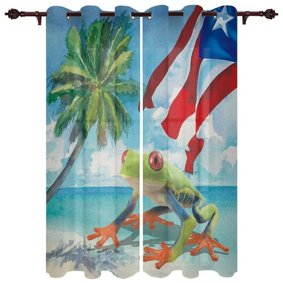 Puerto Rico Flag Frog Hibiscus Window Curtains for Living Room Bedroom Kitchen Decor Window Treatments Christmas Curtains