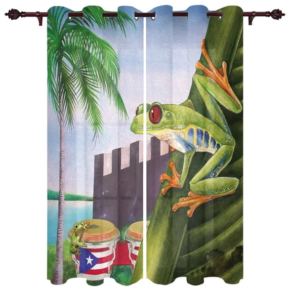 Puerto Rico Flag Frog Hibiscus Window Curtains for Living Room Bedroom Kitchen Decor Window Treatments Christmas Curtains