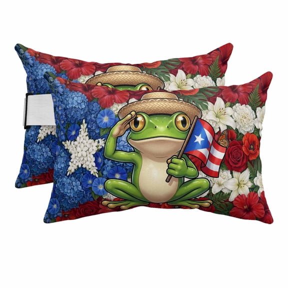Puerto Rico Flag Frog Outdoor Pillows for Chaise Lounge Chair Beach Headrest Pillow Set of 2 Waterproof Lumbar Pillows with Insert&Adjustable Strap Rustic Red Blue White Floral Pool Pillow 11"x16"