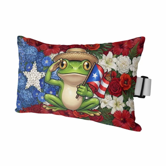 Puerto Rico Flag Frog Outdoor Pillows for Chaise Lounge Chair Waterproof Lumbar Pillows with Insert&Adjustable Elastic Strap Beach Headrest Pillow Rustic Red Blue White Floral Pool Pillow 11"x16"