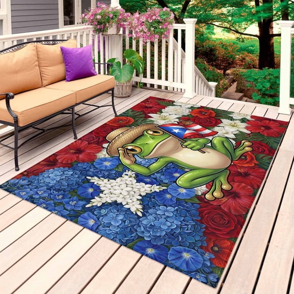 Puerto Rico Flag Frog Outdoor Rug for Patio/Deck/Porch, Non-Slip Large Area Rug 4 x 6 Ft, Rustic Red Blue White Floral Indoor Outdoor Rugs Washable Area Rugs, Reversible Camping Rug Carpet Runner