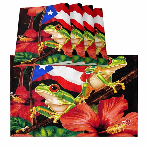 Puerto Rico Flag Frog Red Flower Summer Leaf Burlap Kitchen Place Mats Waterproof Cloth Table Mats, Indoor Outdoor Placemats Easy Clean Dinner Decor