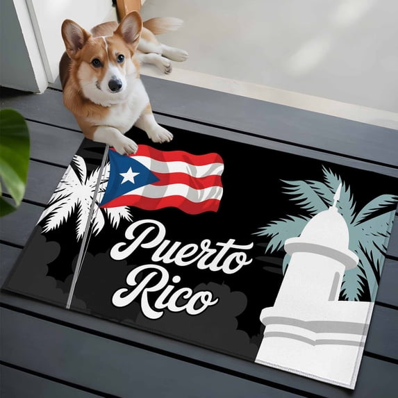 Puerto Rico Flag Front Door Rugs 2x3 ft Modern Art Building Red Blue Flag Palm Trees Small Rug for Entryway Non Slip Washable Bathroom Door Mat Absorbent Floor Mat for Indoor Entrance