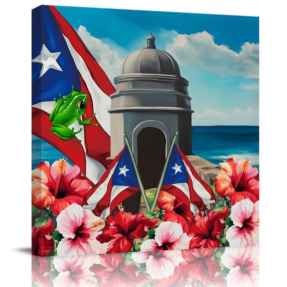 Puerto Rico Flag Hibiscus Flower Canvas Artwork Painting Art, Frog Floral Ocean Square Framed Wall Decorations Prints Picture for Bedroom Kitchen Living Room, 12x12 in