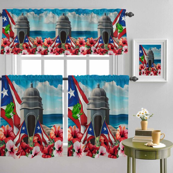 Puerto Rico Flag Hibiscus Flower Curtain Tier and Valance Set 3 Piece, Frog Floral Ocean 3-inch Rod Pocket Window Tier Curtains Valance for Kitchen Living Room
