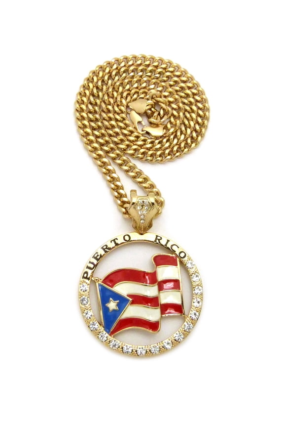 Puerto Rico Flag Hollow Round Stone Studded Pendant w/ 6mm 24" Cuban Chain Necklace, Gold-Tone