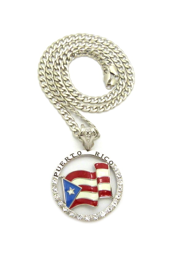 Puerto Rico Flag Hollow Round Stone Studded Pendant w/ 7mm 30" Cuban Chain Necklace, Silver-Tone