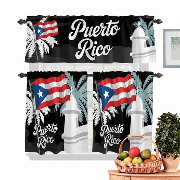 Puerto Rico Flag Kitchen Curtains Valances 3 Piece Set, Modern Art Building Red Blue Flag Palm Trees Rod Pocket Tier Curtain and Valance Drapes for Small Window 36 Inch Length for Bedroom Cafe