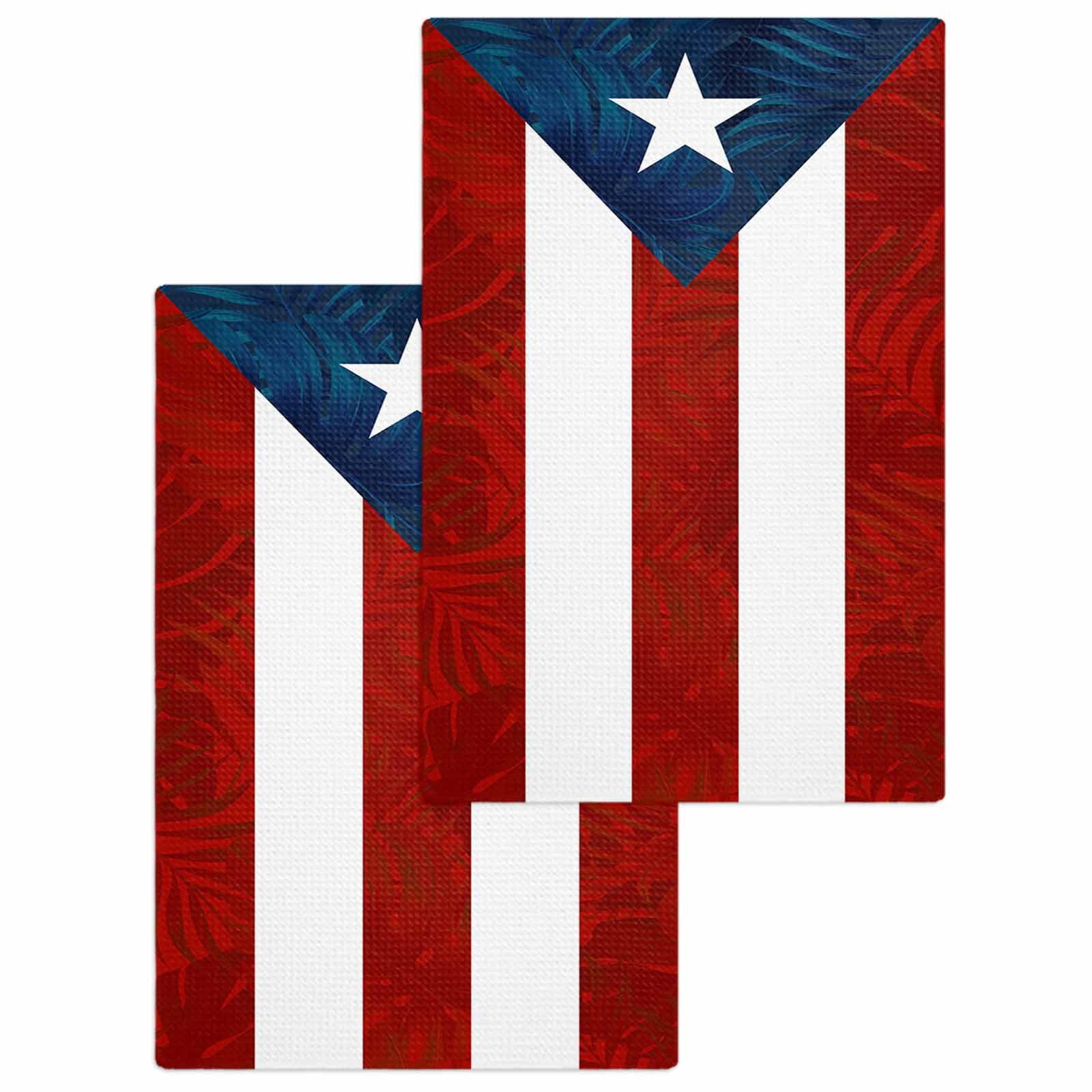 Puerto Rico Flag Kitchen Dish Towels for Drying Dishes Set of 2, Palm Leaf Botanical Red Striped Blue Star Waffle Weave Microfiber Hand Tea Bathroom Towels Quick Dry & Absorbent Towel 15.7x23.6