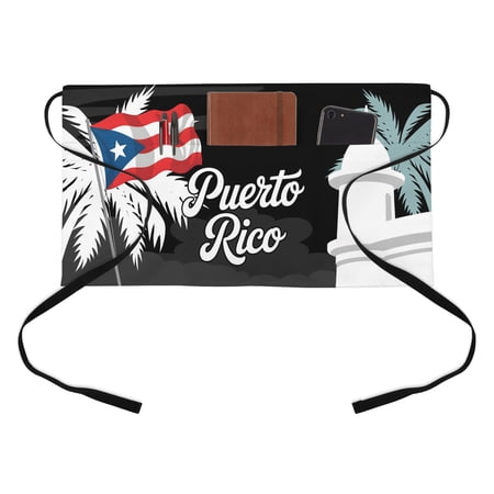 Puerto Rico Flag Kitchen Restaurant Half Waist Apron, Modern Art Building Red Blue Flag Palm Trees Server Short Apron with 3 Pockets Waterproof Oil Waist Aprons for Women Waitress Waiter