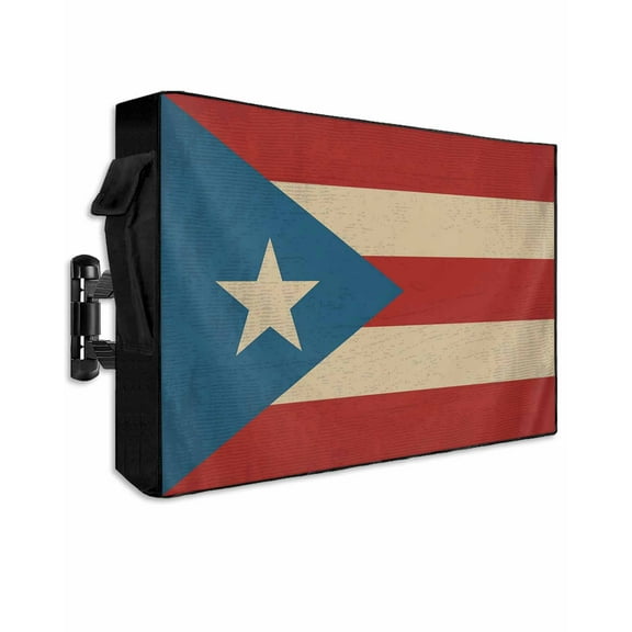 Puerto Rico Flag Outdoor TV Cover 60 to 65 Inch Weatherproof, Red Blue Vintage 600D Oxford TV Covers with Waterproof Zipper, Outside Flat TV Screen Protector Size 58"W x 37"H x 4.5"D