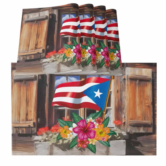 Puerto Rico Flag Placemats for Dinning Table Set of 4, Farmhouse Retro Flowers American Flags Burlap Kitchen Place Mats Waterproof Cloth Table Mats, Indoor Outdoor Placemats Easy Clean Dinner Decor