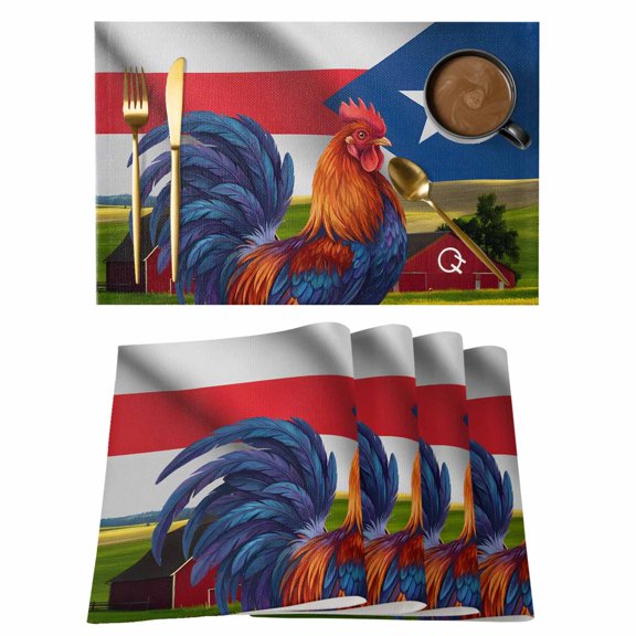 Puerto Rico Flag Placemats Set of 1, Chicken Animal Red Strip Pentagram Non-Slip Place Mats Washable Table Mats for Kitchen Dining Table Decorations Indoor/Outdoor