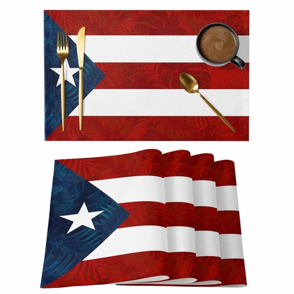 Puerto Rico Flag Placemats Set of 4,Cotton Linen Fabric Place Mats,Palm Leaf Botanical Red Striped Blue Star Decorative Table Mats Protector for Home Kitchen Dining Wedding Party Coffee Tables
