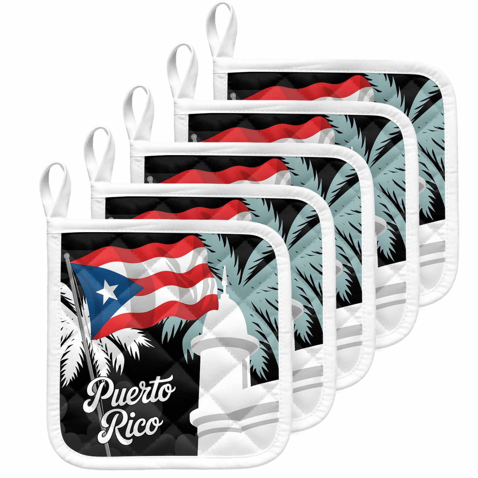 Puerto Rico Flag Pot Holders for Kitchen Heatproof Potholder, 5 Pack Modern Art Palm Tree American Flags Hot Pads Multipurpose Oven Pads Cloth Potholders Trivet for Cooking Baking