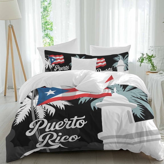 Puerto Rico Flag Queen Size Comforter Set, Modern Art Building Red Blue Flag Palm Trees Bedding for All Seasons, 4 Pcs Bed Set, 1Quiltcover (90"x92") ,1Sheet(94"x116"), 2Pillowcases (30"x20")