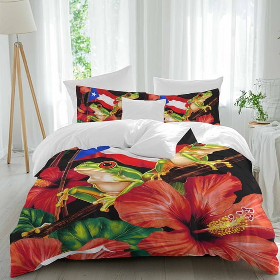 Puerto Rico Flag Queen Size Comforter Set, Red Althea Floral Green Frog Black Background Bedding for All Seasons, 4 Pcs Bed Set, 1Quiltcover (90"x92") ,1Sheet(94"x116"), 2Pillowcases (30"x20")