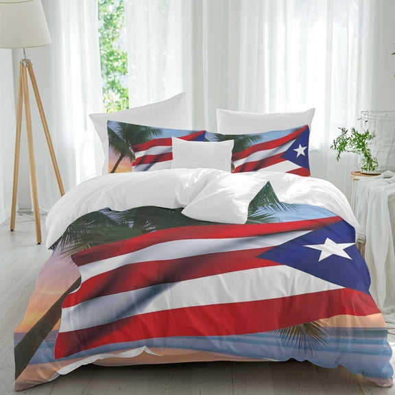 Puerto Rico Flag Queen Size Comforter Set, US Vintage Beach Palm Trees Bedding for All Seasons, 4 Pcs Bed Set, 1Quiltcover (90"x92") ,1Sheet(94"x116"), 2Pillowcases (30"x20")