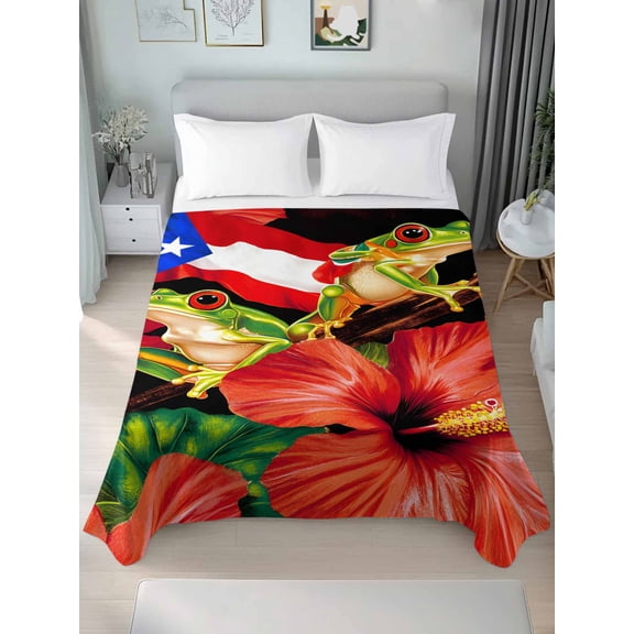 Puerto Rico Flag Queen Size Flat Sheet, Wrinkleproof & Fadeproof Cooling Flat Bed Sheet Only, Frog Red Flower Summer Leaf Breathable Soft Bedding Top Sheets 90 x 102 Inches