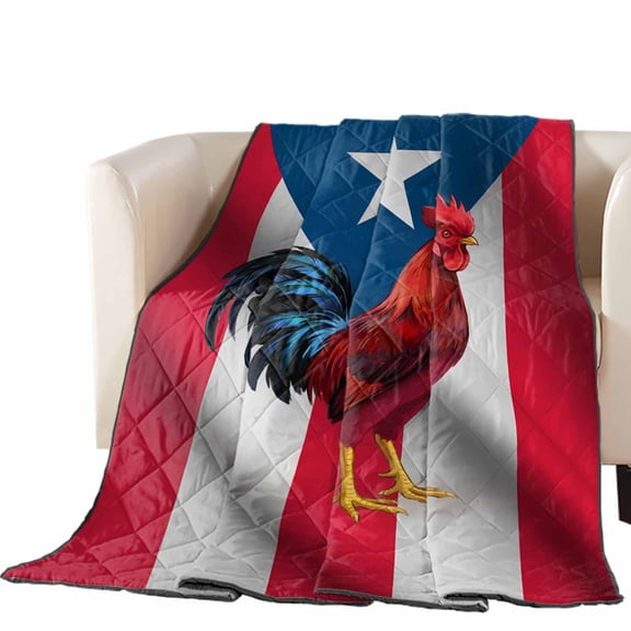 Puerto Rico Flag Quilted Comforters Cooling Blanket Queen Size, Chicken Animal Red Strip Pentagram Cold Comfort for Hot Sleepers Lightweight Air Conditioning Quilt Blanket for Bed