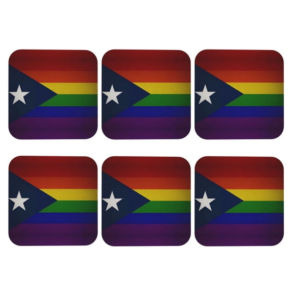 Puerto-Rico-Flag Rainbow Gay Pride Leather Drink Coasters for Drinks (6 Pack) for Tabletop Protection Square