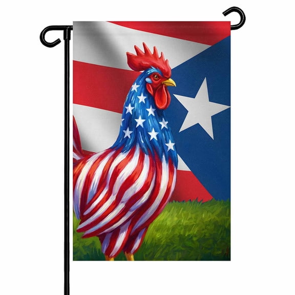 Puerto Rico Flag Rooster Farmhouse Chicken Garden Flags for Outside Double Sided Yard Flags Outdoor House Decoration, Small 12X18 Inch