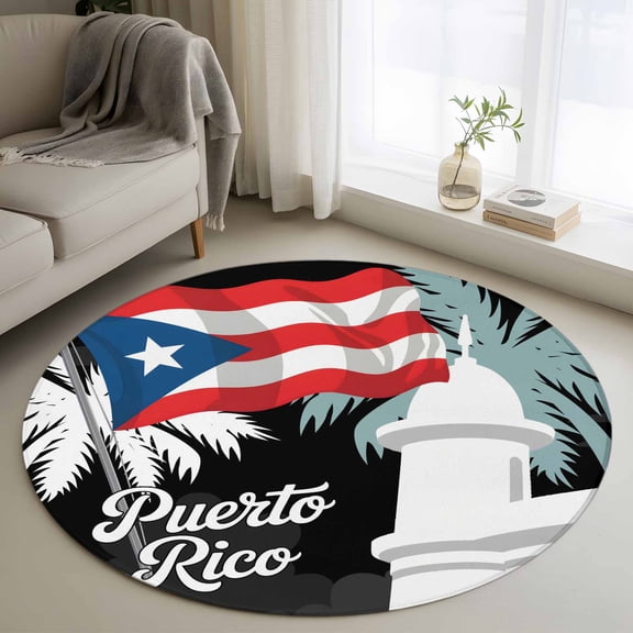 Puerto Rico Flag Round Area Rug 3.3 FT, Non Slip Small Entryway Kitchen Mat, Modern Art Palm Tree American Flags Washable Soft Circular Rug Non-Shedding Door Mat for Bathroom Playroom Kids Room