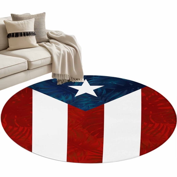 Puerto Rico Flag Round Area Rug 3 FT, Small Kitchen Bathroom Mat, Palm Leaf Botanical Red Striped Blue Star Washable Indoor Outdoor Throw Runner Carpet Doormat for Table Shower Sofa Entryway