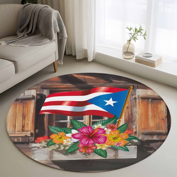 Puerto Rico Flag Round Rug 4ft Washable Circle Entryway Rugs Non Slip Farmhouse Retro Flowers American Flags Area Rug Indoor Floor Carpet for Bedroom Kitchen Living Room Home Office Dining Room