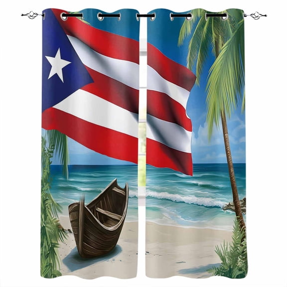Puerto Rico Flag Sea Blackout Curtains 96 Inches Long,Thermal Insualted Grommet Curtains & Drapes,Beach Palm Trees Boat Nautical Room Darking Curtains for Living Room Bedroom 2 Panels 52"W x96"L