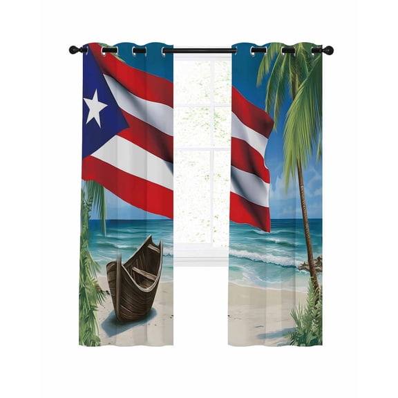 Puerto Rico Flag Sea Blackout Curtains, Light Blocking Print Window Curtains, Beach Palm Trees Boat Nautical Thermal Insulated Window Drapes for Living Room Kitchen Cafe 2 Panels, 84"W x 84"L