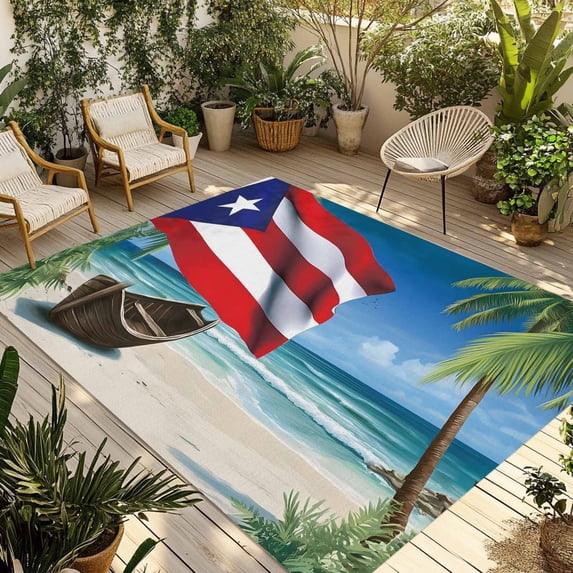 Puerto Rico Flag Sea Outdoor Rug for Patio/Deck/Porch, Non-Slip Large Area Rug 5 x 8 Ft, Beach Palm Trees Boat Nautical Indoor Outdoor Rugs Washable Area Rugs, Reversible Camping Rug Carpet Runner