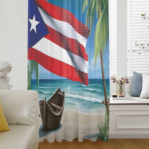 Puerto Rico Flag Sea Semi Sheer Curtains Drapes for Living Room, Bedroom, French Doors Window 72 Inches Long, Beach Palm Trees Boat Nautical Rod Pocket Chiffon Curtain Drapery Voile Draperies Panel