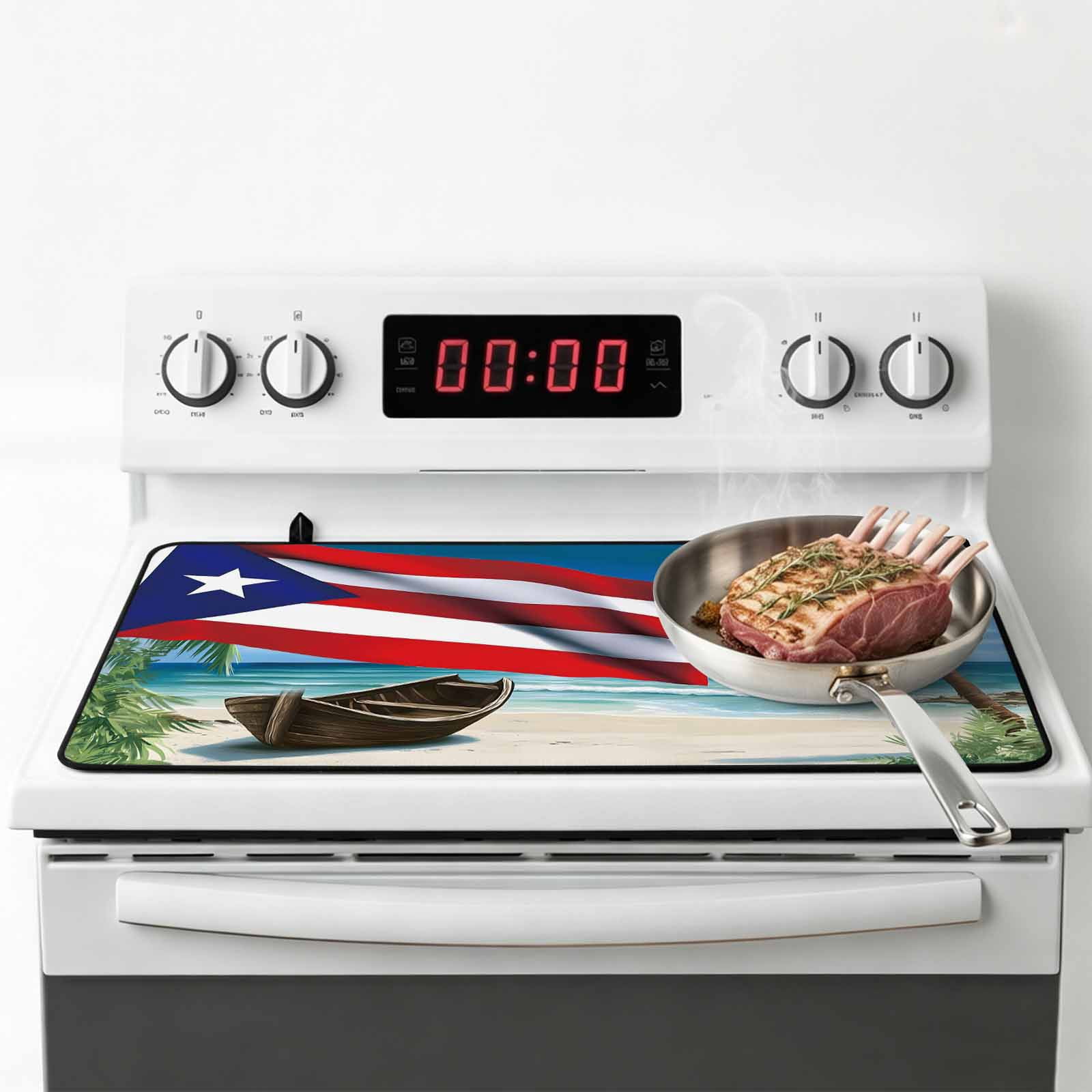 Puerto Rico Flag Sea Stove Top Cover for Electric Stove, Heat-proof & Non Slip Glass Top Stove Cover Protector, Beach Palm Trees Boat Nautical Kitchen Flat Cooktop Rubber Mat 24x21 Inches